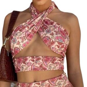 Tiger Mist Pink Paisley Halter Crop Top